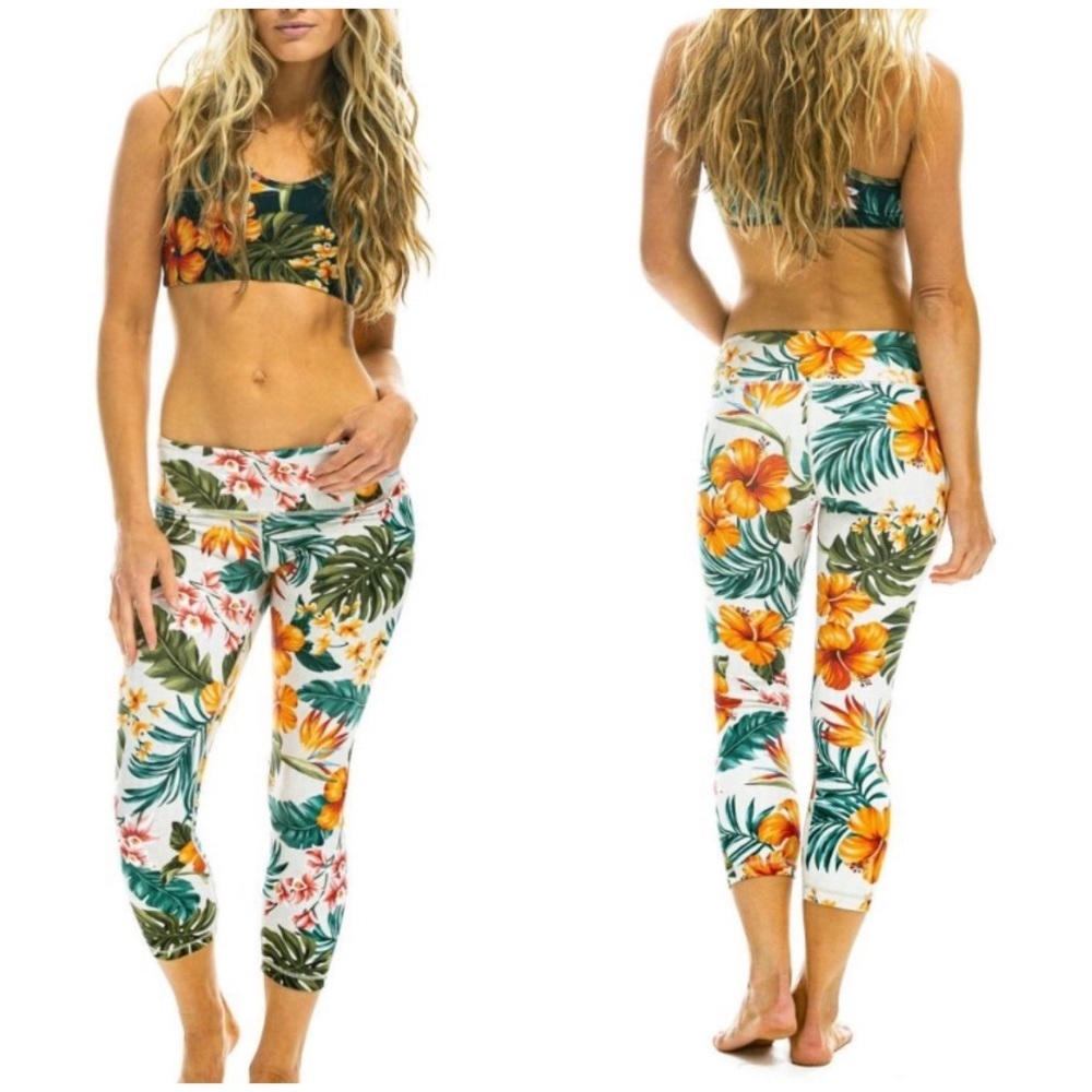 Aviator Nation White Tropical Floral Leggings with Green & Orange Print